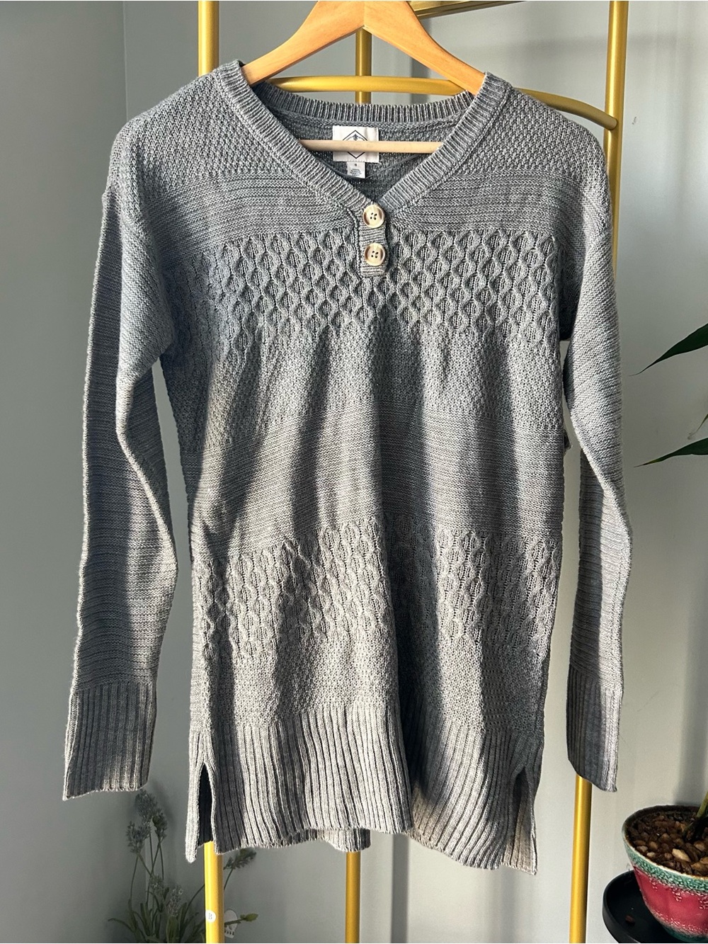 St. John’s Bay preppy Cottagecore grey waffle Knit Button-Neck Women's Sweater S